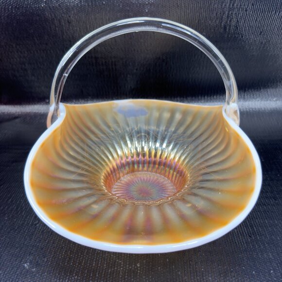 Dugan Caroline Peach Opal Opalescent Carnival Glass Handled Basket Bowl Antique - Picture 14 of 16